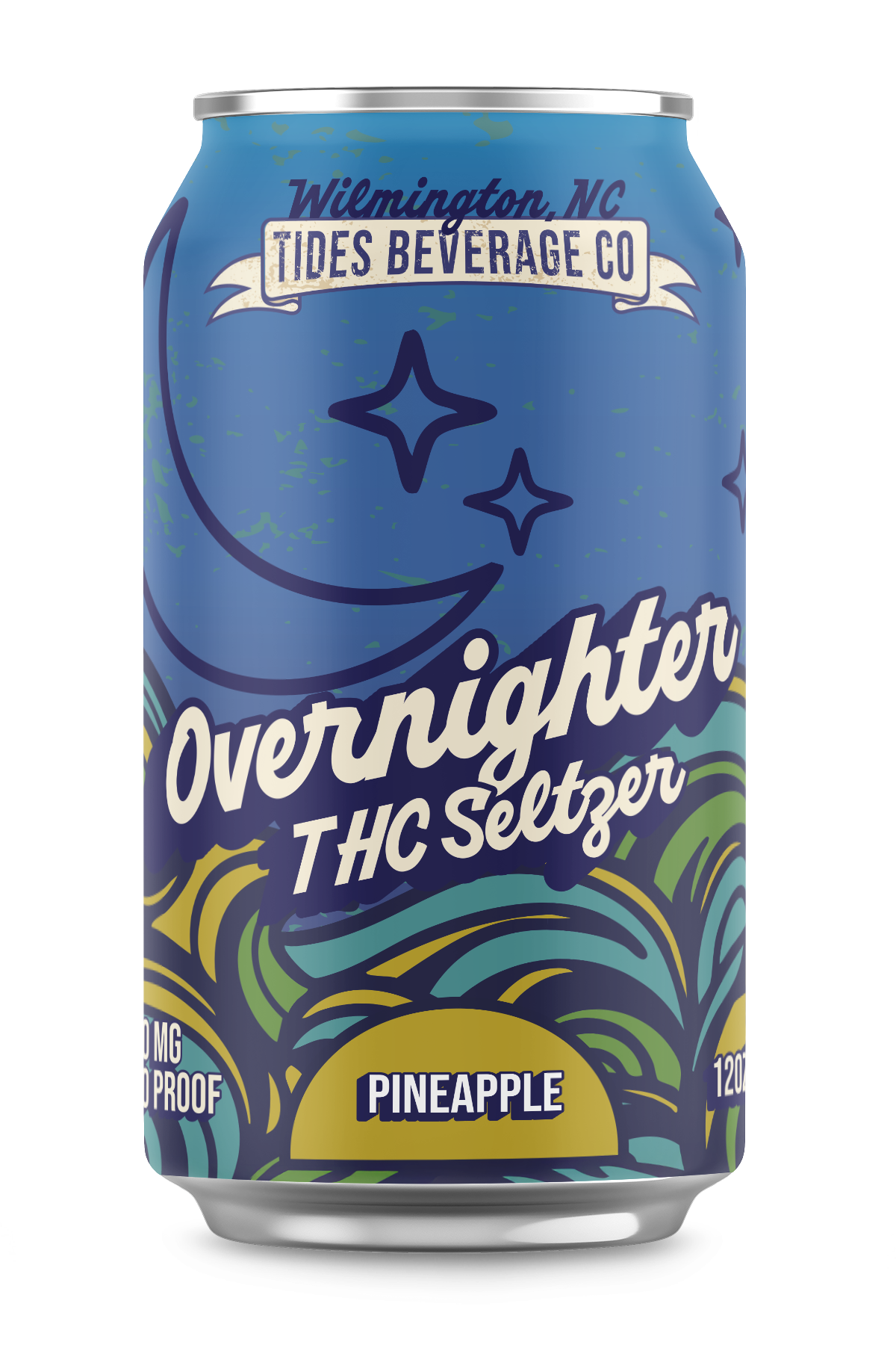 Blue can of Wilmington NC Tides Beverage Co. Overnighter THC Seltzer Pineapple flavor