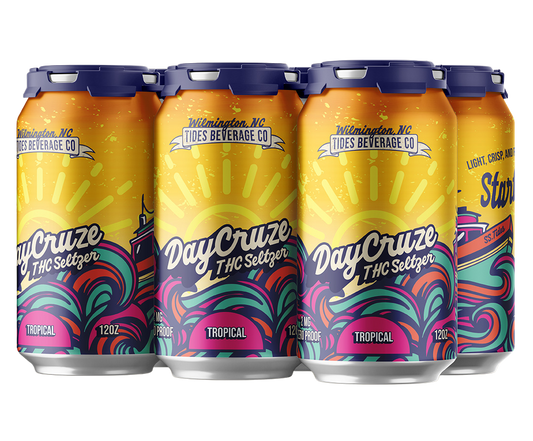 DayCruze Tropical THC Seltzer can, 2mg THC, 12oz, 6 pack, vibrant design for sessionable sipping.