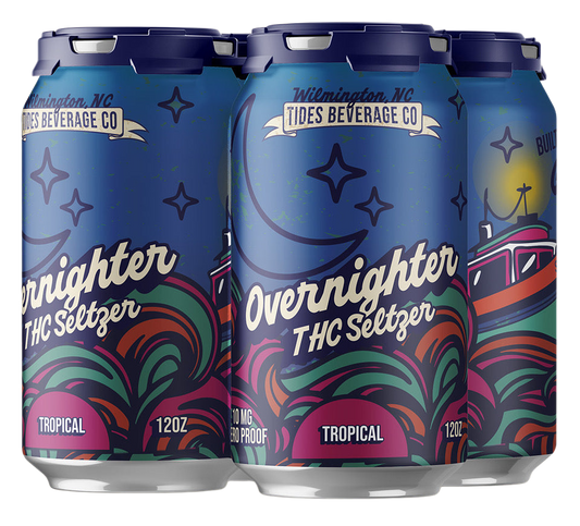 THC Seltzer cans with colorful design and branding on a white background