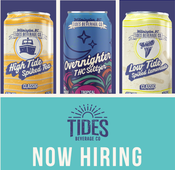Three cans of Tides Beverage Co. drinks with a 'Now Hiring' text on a blue background