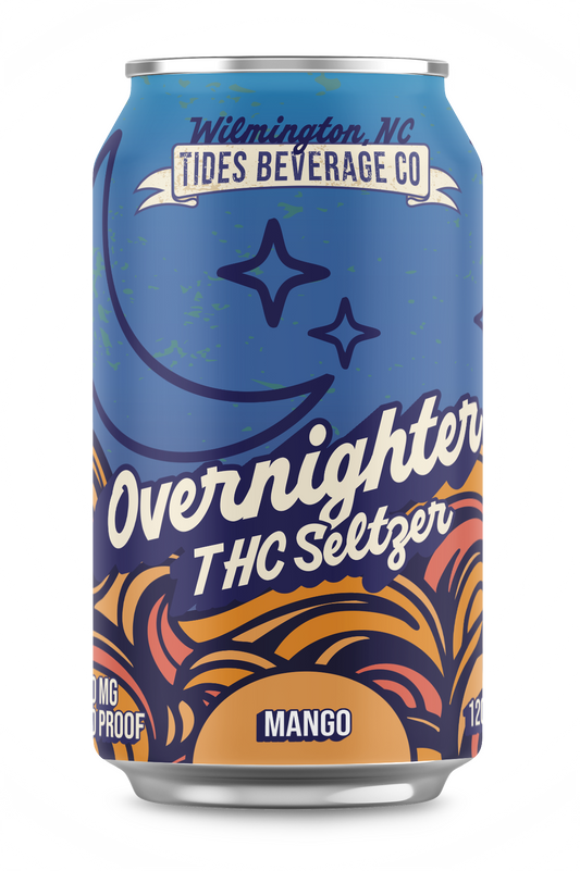 Can stars and a moon from a local Wilmington North Carolina Tides Beverage Co. Overnighter THC Seltzer Mango flavor