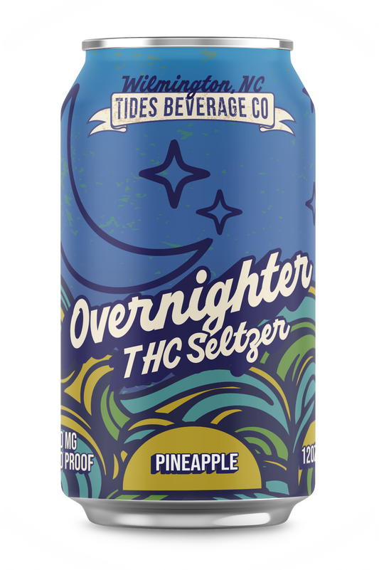 Blue can of Wilmington NC Tides Beverage Co. Overnighter THC Seltzer Pineapple flavor