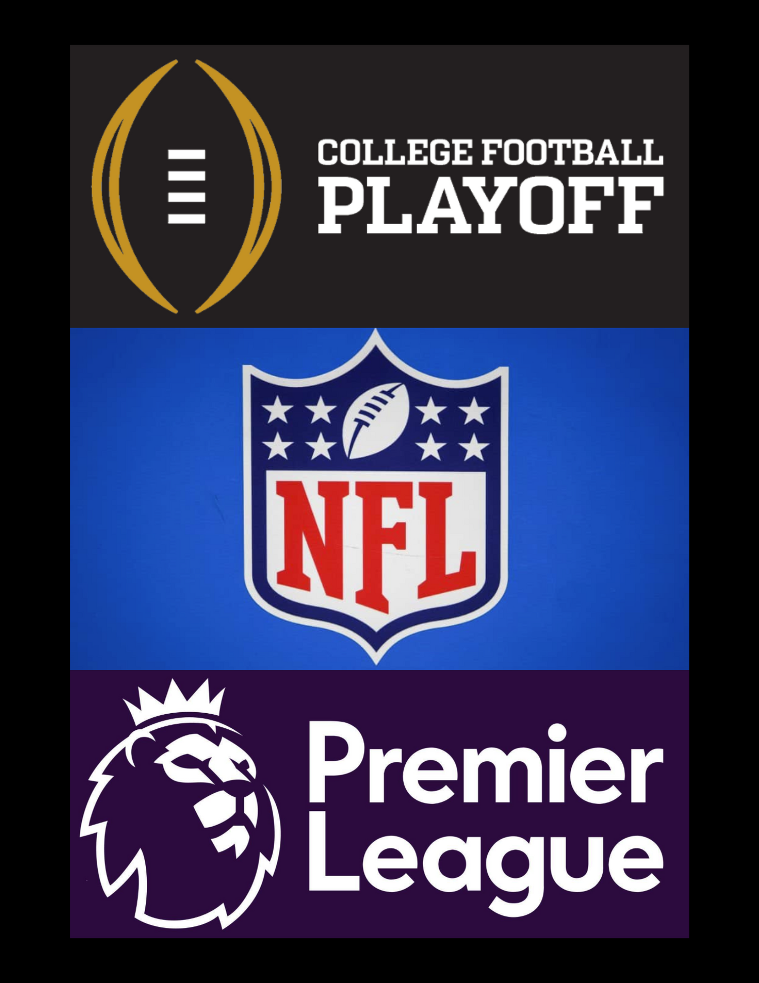 Logos of College Football Playoff, NFL, and Premier League on a black background