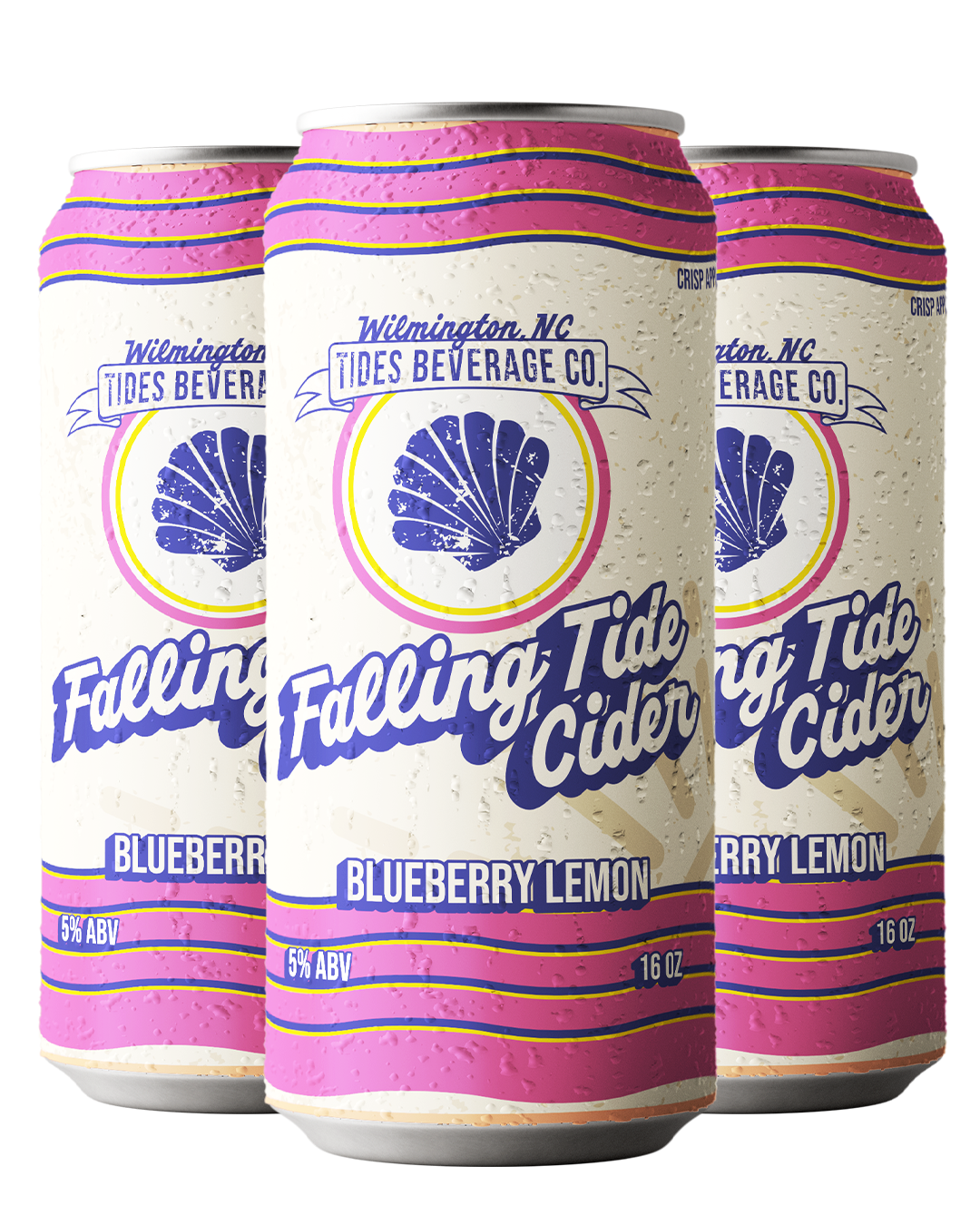 Three cans of Tides Beverage co Falling Tide Cider with blueberry flavor