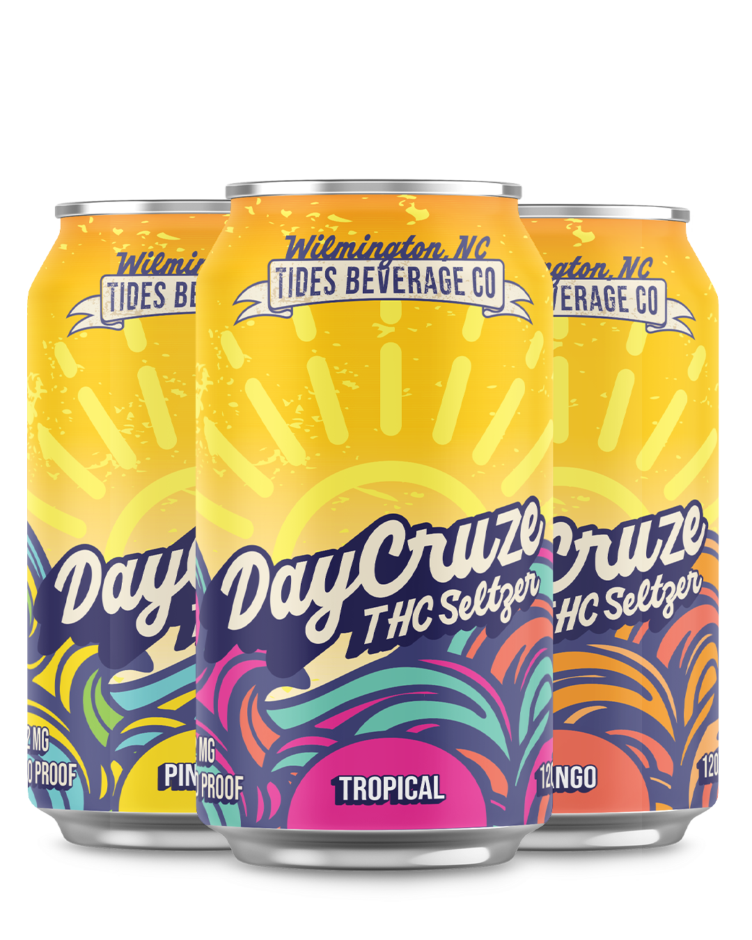 Three cans of DayCruze THC Seltzer with colorful designs on a white background.