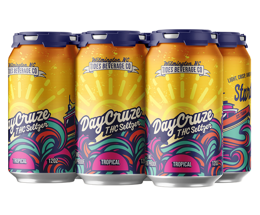 DayCruze Tropical THC Seltzer can, 2mg THC, 12oz, 6 pack, vibrant design for sessionable sipping.