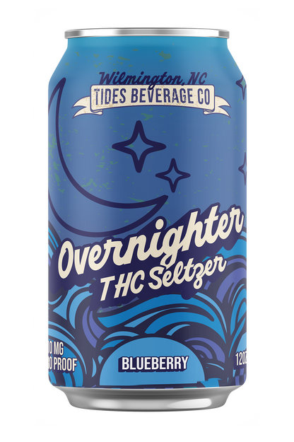 Tides Beverage co. overnighter blueberry THC seltzer 