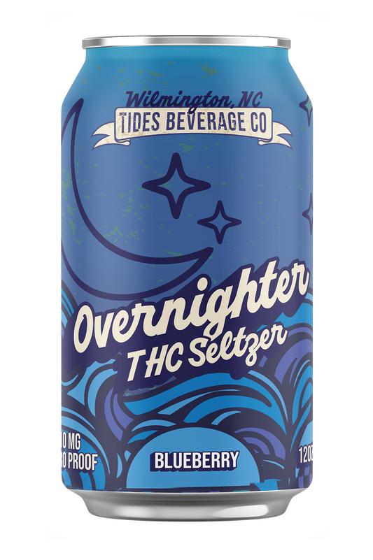 Tides Beverage co. overnighter blueberry THC seltzer 
