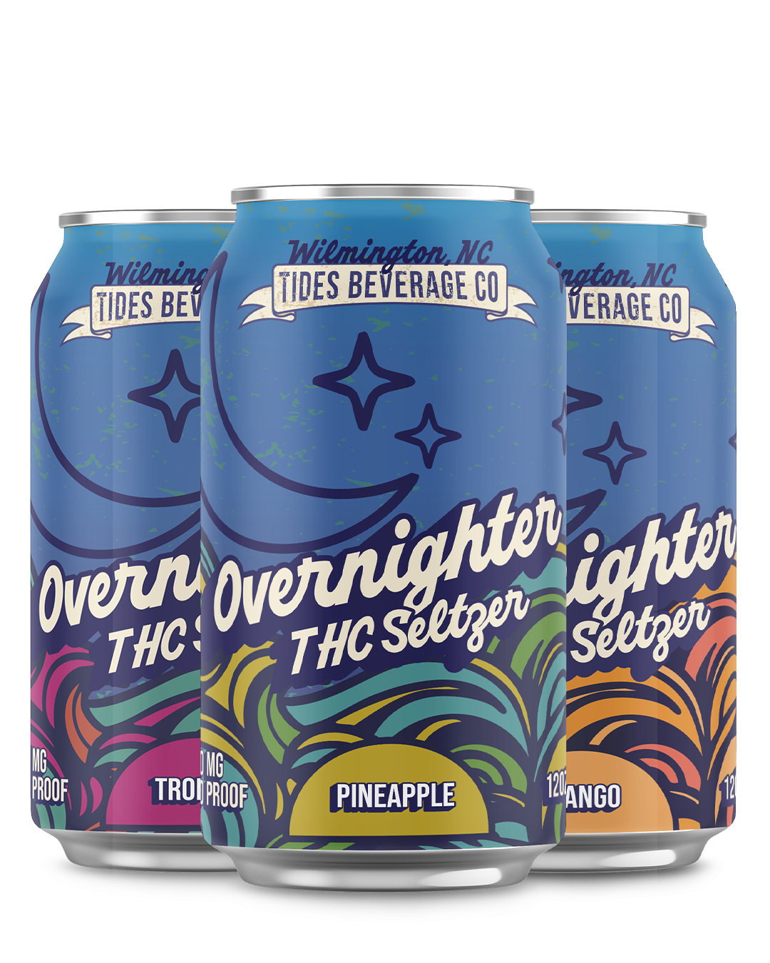 Three cans of Wilmington NC Tides Beverage Co. Overnighter THC Seltzer