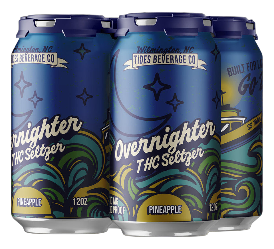 THC Seltzer cans with colorful design and branding on a white background
