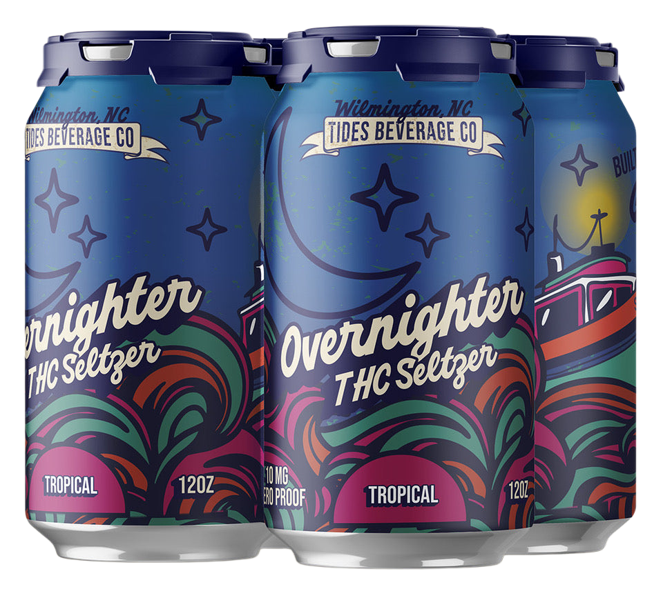 THC Seltzer cans with colorful design and branding on a white background